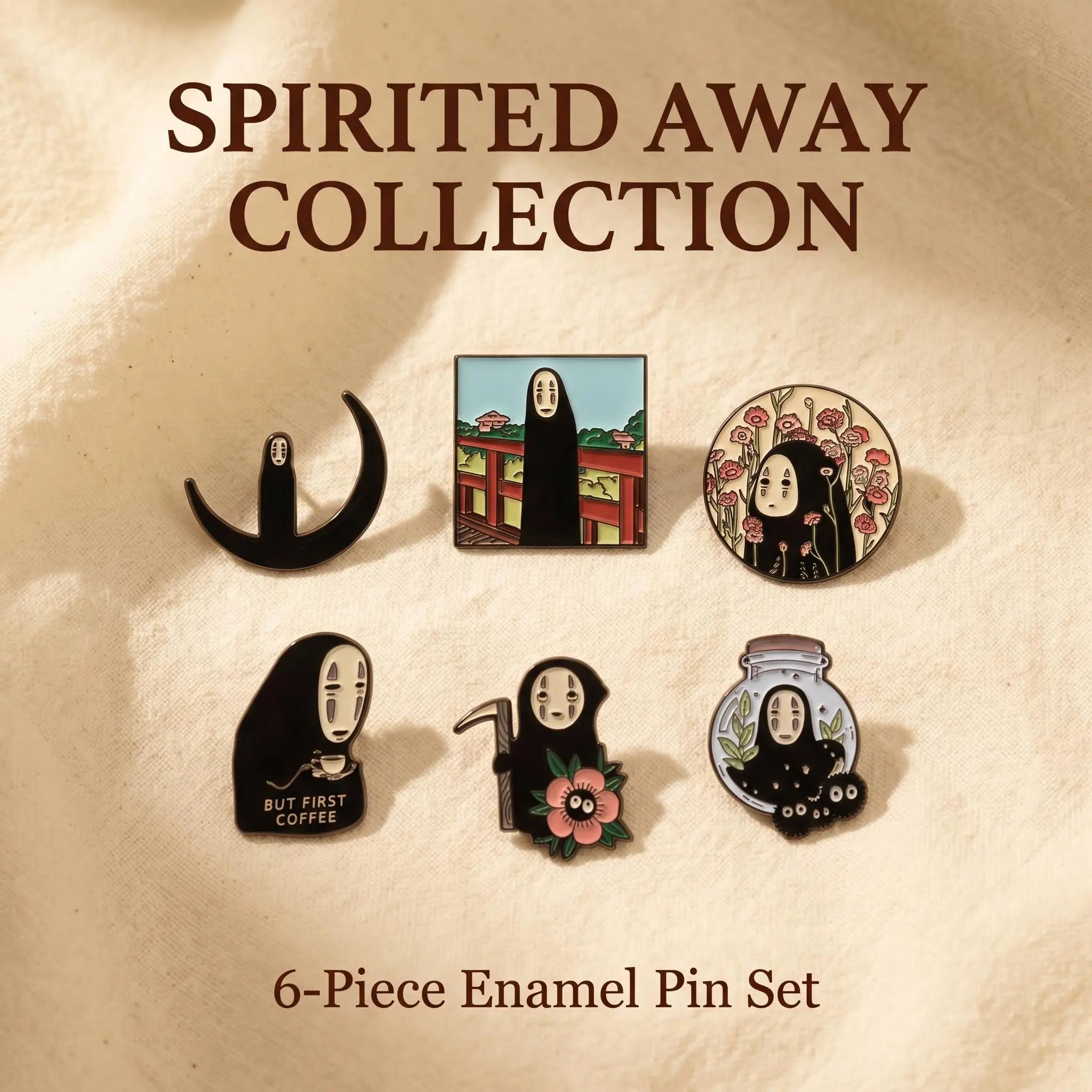 Spirited Away No-Face Enamel Pin Set | Funny Retro Studio Ghibli Anime 6-Piece Collection