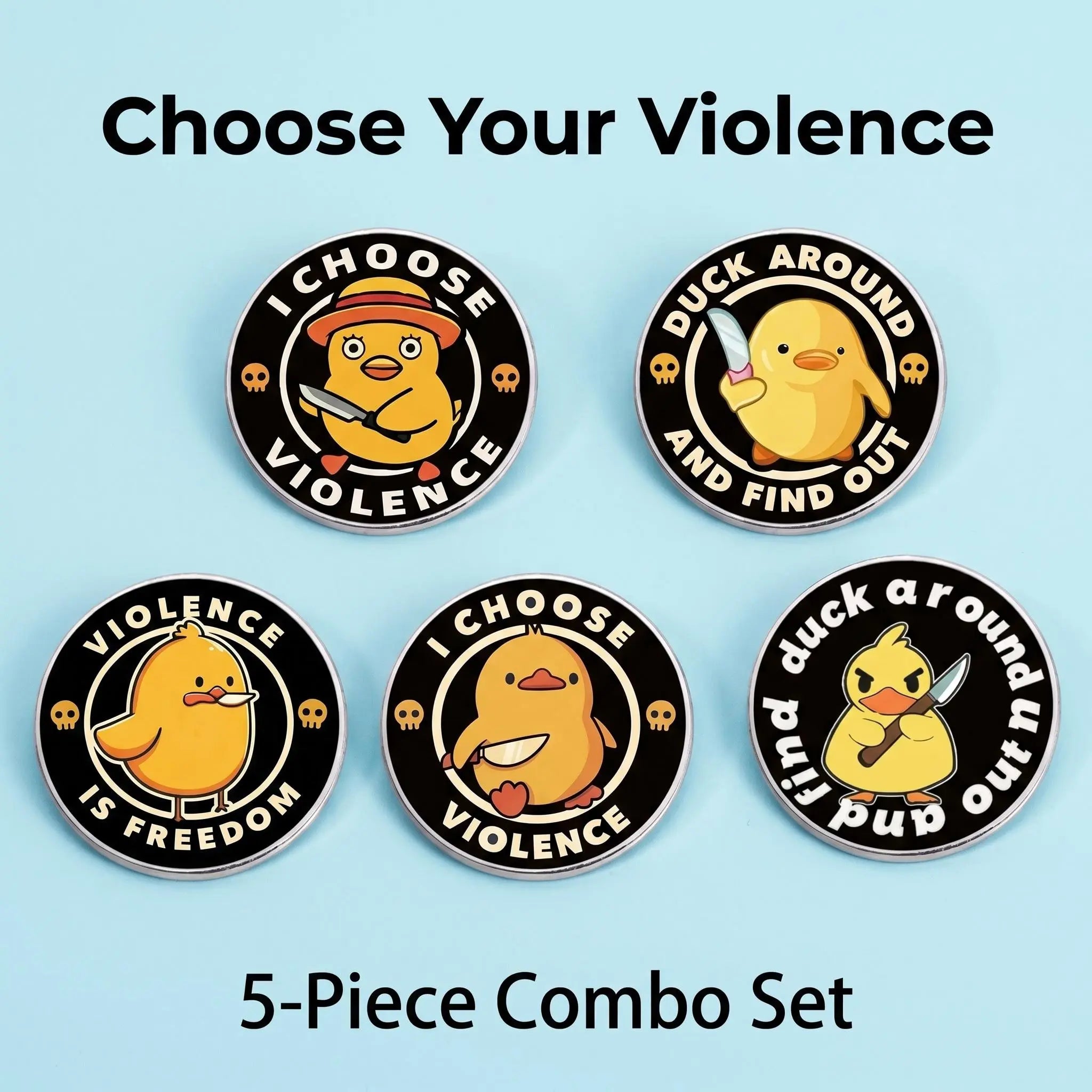 Funny Knife Duck Violence Enamel Pin Set | Sarcastic Office Humor Yellow Duckling Multi-Piece Combo Pack