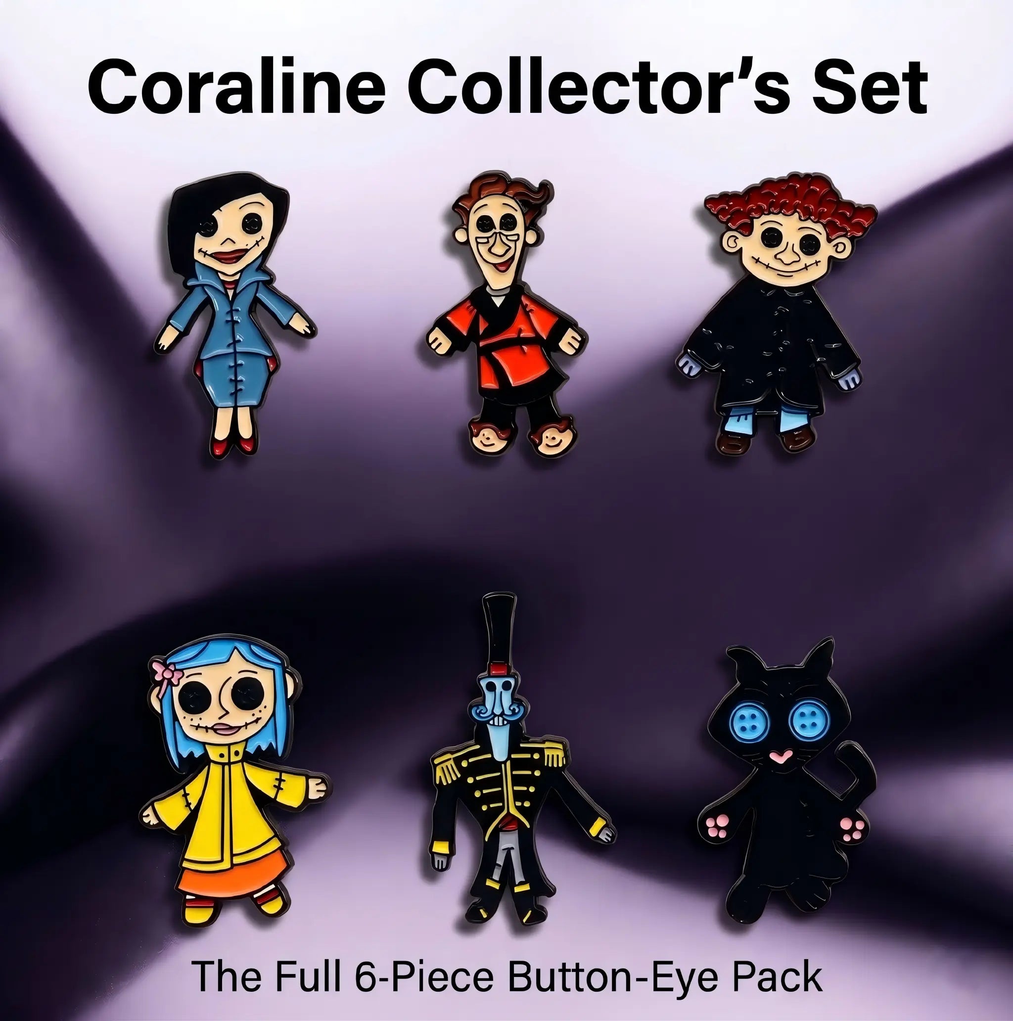 Coraline Button Eyes Doll Enamel Pin Set | Funny Retro Dark Fantasy Cartoon 6-Piece Collection