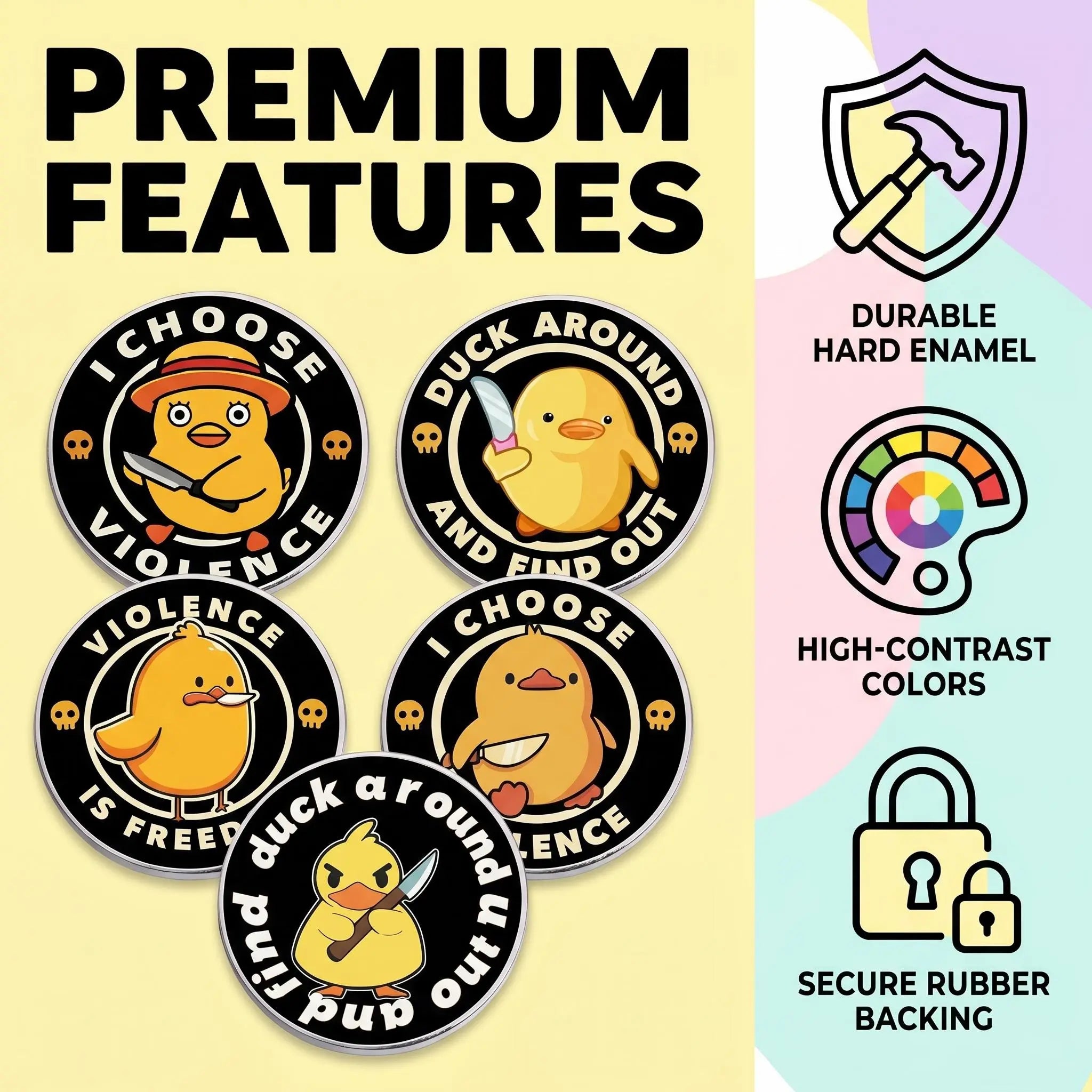 Funny Knife Duck Violence Enamel Pin Set | Sarcastic Office Humor Yellow Duckling Multi-Piece Combo Pack