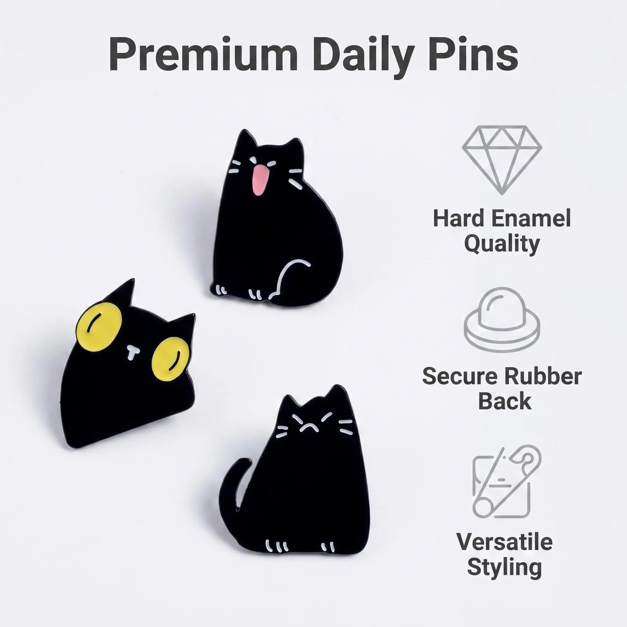 Funny Black Cat Expressions Enamel Pin Set | Cute Spooky Cat Meme 3-Piece Collection