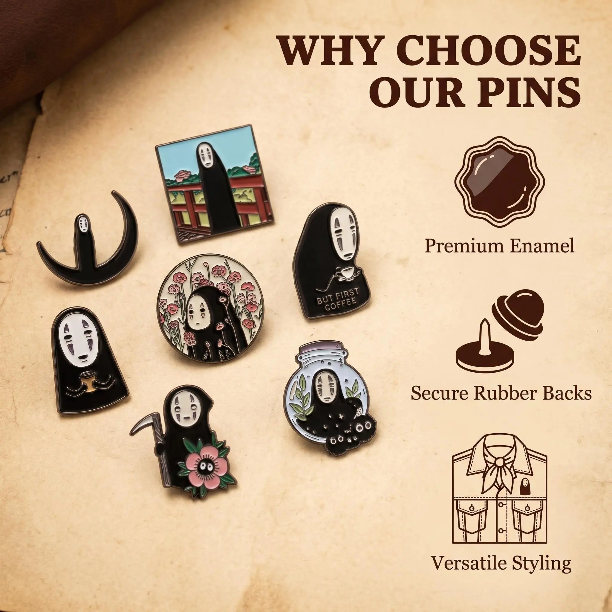Spirited Away No-Face Enamel Pin Set | Funny Retro Studio Ghibli Anime 6-Piece Collection