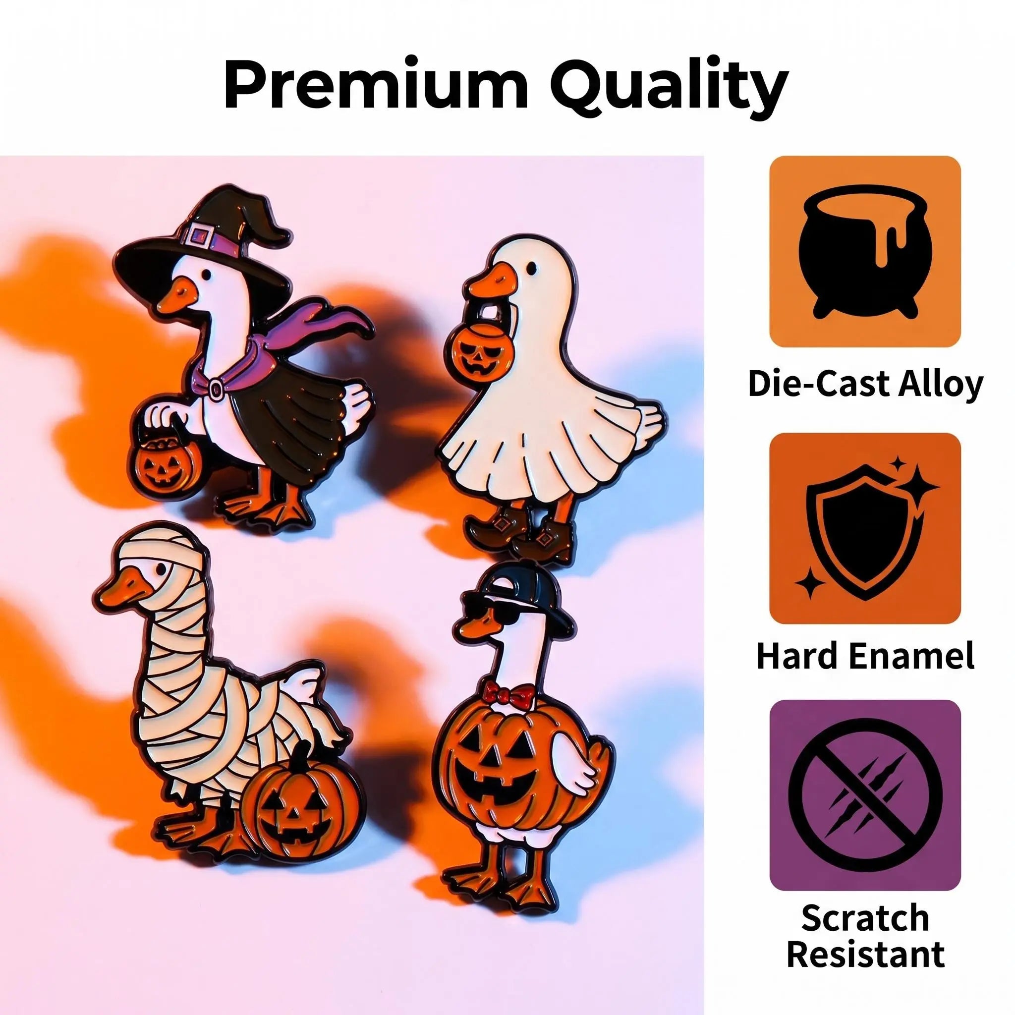 Halloween Goose Costume Enamel Pin Set | Cute Spooky Animal Meme 4-Piece Collection